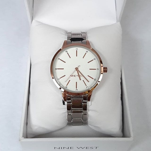 Nine west rose goldtone outlet and grey strap watch