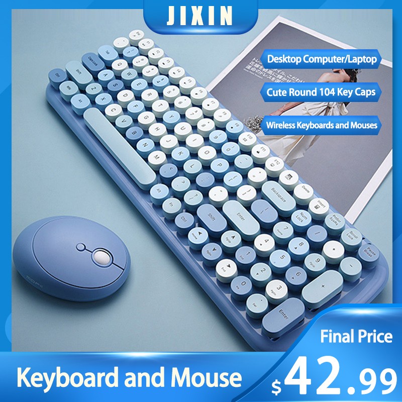 MOfii Wireless Keyboard Mouse set 2.4G Round Cute Candy Colors Blue