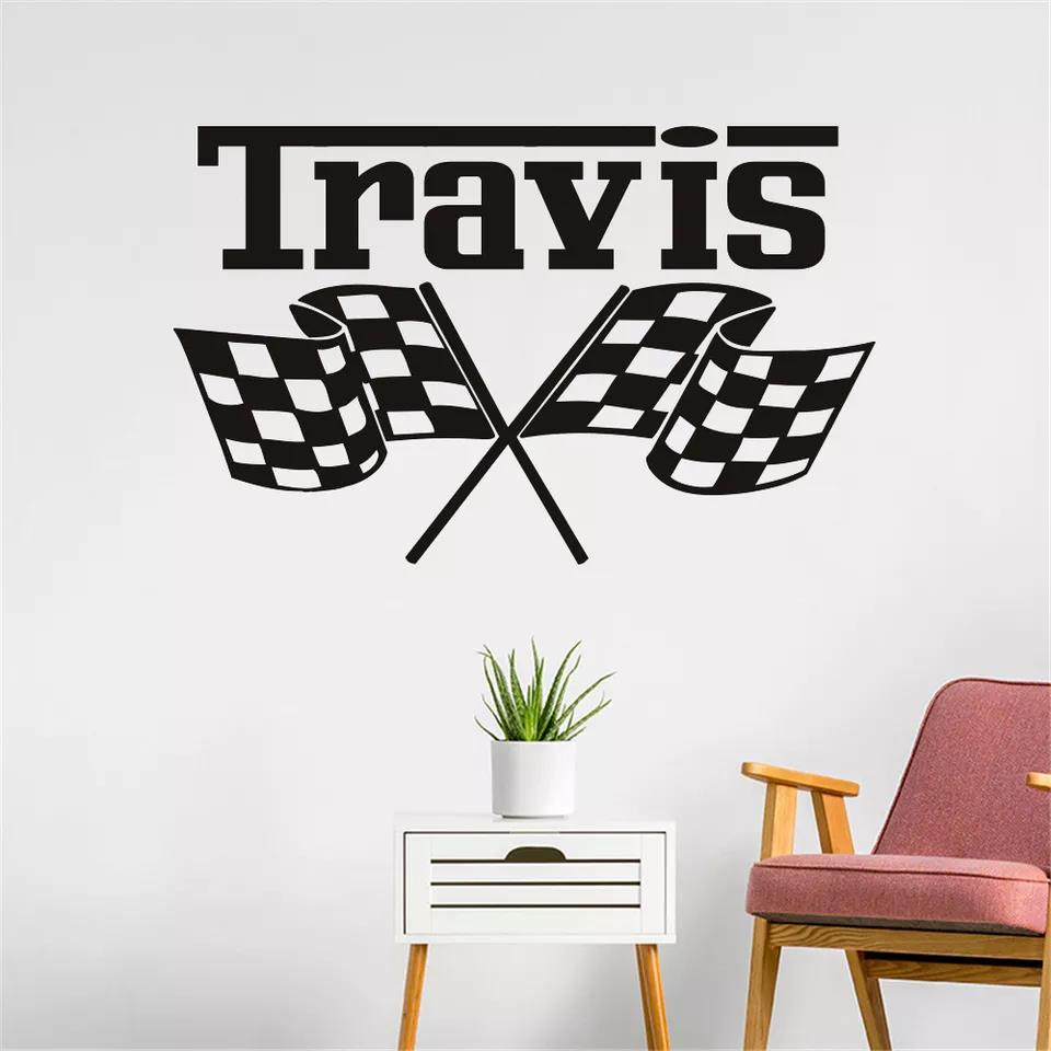 Custom Racing Car Flag Name Wall Sticker Boy Room Kids Room