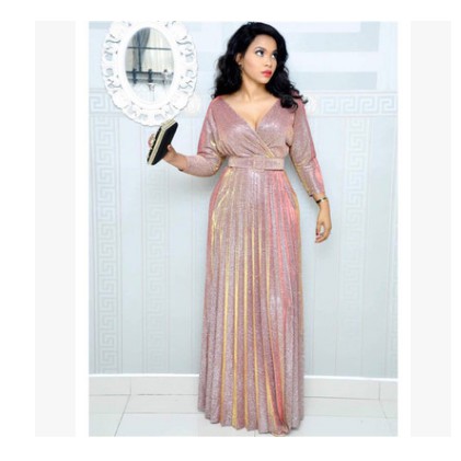 Pink Sequins Evening Party Dress Women Pleated Deep V Sexy Plus Size