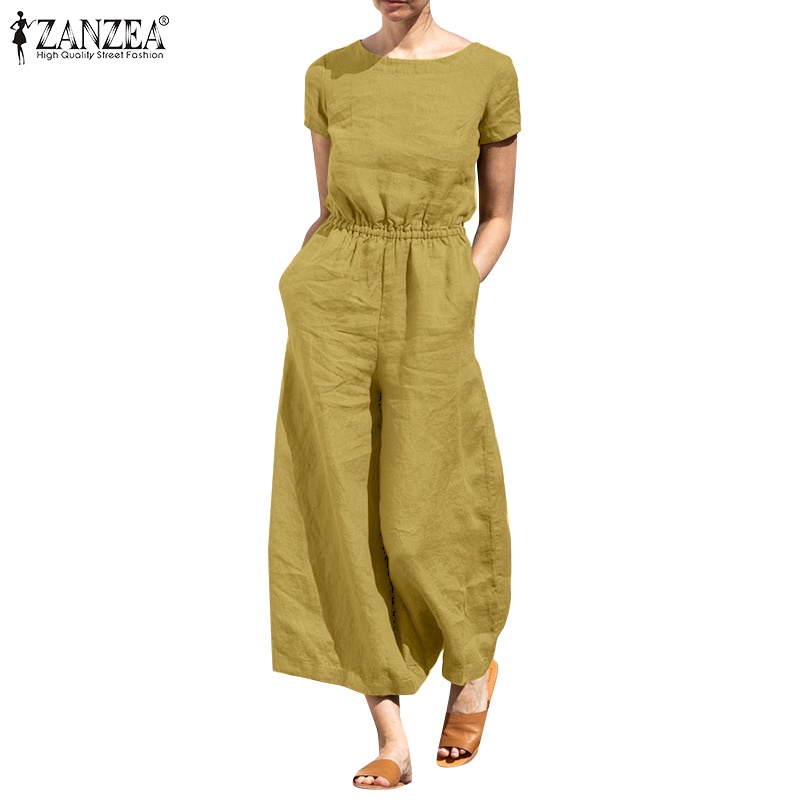 ZANZEA Women Casual Loose Cotton Elastic Belted Pocket Jumpsuit ...