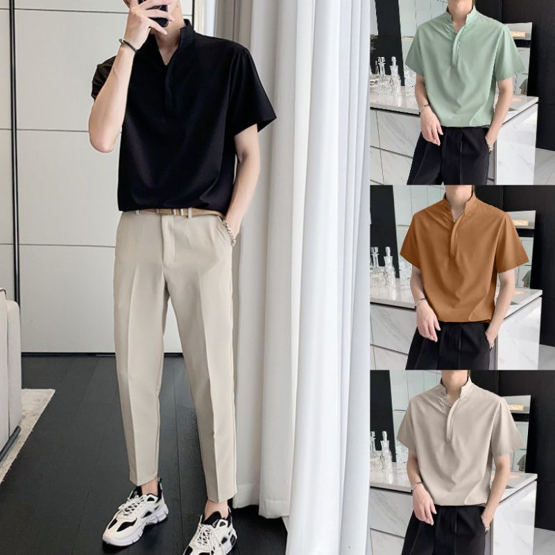 Emw V neck Korean style fashion casual high quality men s short sleeved polo 6 Shopee Philippines