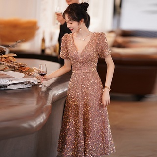 Champagne Sequins Wedding Evening Dress Noble Temperament Fairy Elegant  Lady V Neck Slim A-line Dresses Dinner Host Gown