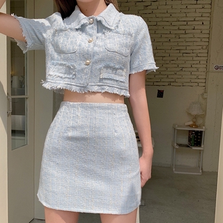 Young Suit Western Style High Waist Hip Bust Skirt Chanel-Style Summer  French Cardigan Two-Piece Set