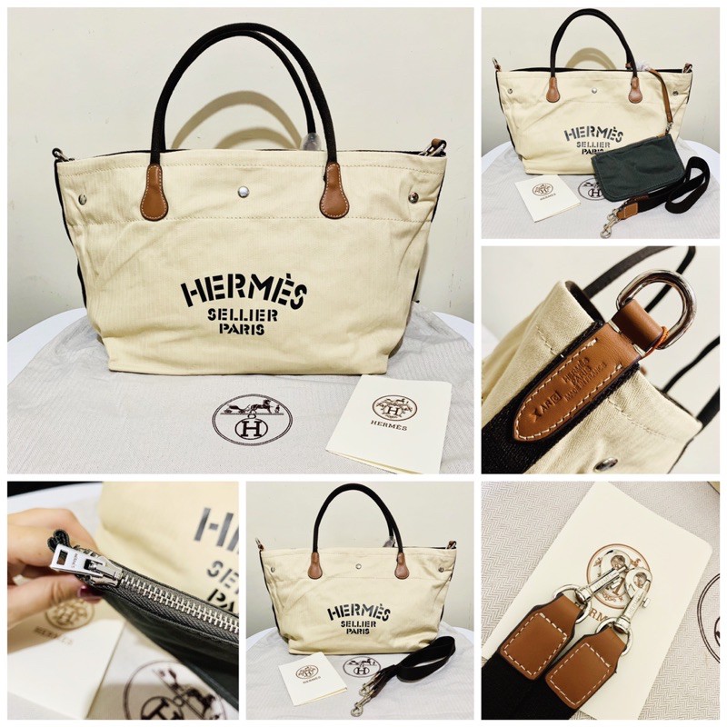 SD COD Hermes Fourre Tout Du Cavalier Canvas Tote Bag with Pouch and Sing  Cream TOP-GRADE