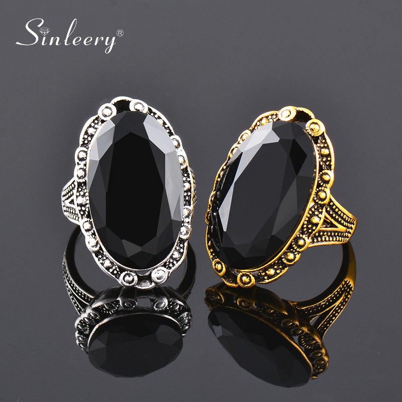 SINLEERY Vintage Big Black Oval Stone Rings For Women Size 10  Antique Silver Color Jewelry Anel Jz516