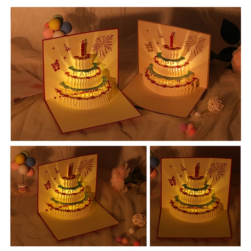 Music Birthday Card Pop Up 3D Cake Musical Light Greeting Card Creative ...