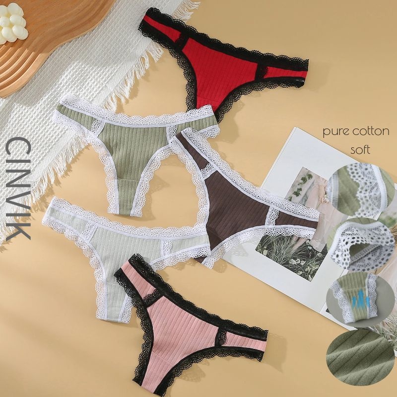 Cinvik Womens Cotton Panties Thong G String Lace Sexy Underwear For