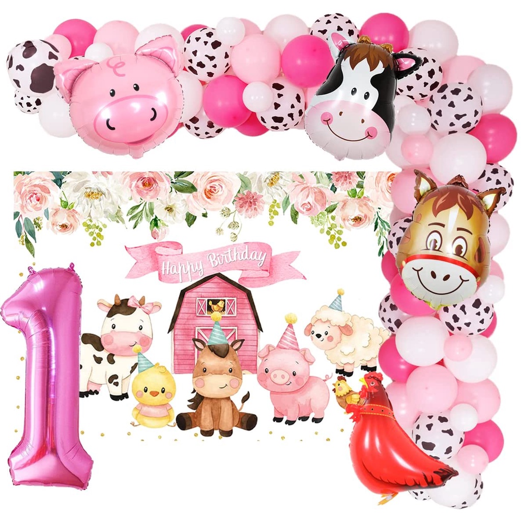 Joymemo Farm Animals Theme 1st Birthday Decorations Girl Pink Barnyard 