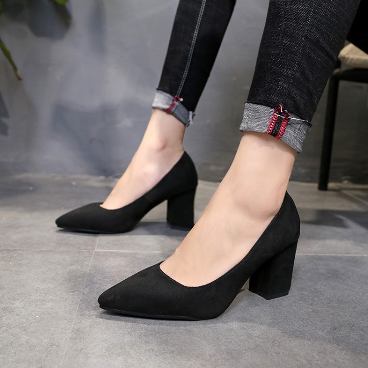 33 48 Women s Shoes Thick Heel Pointed Black Suede Elegant High Heels Shopee Philippines