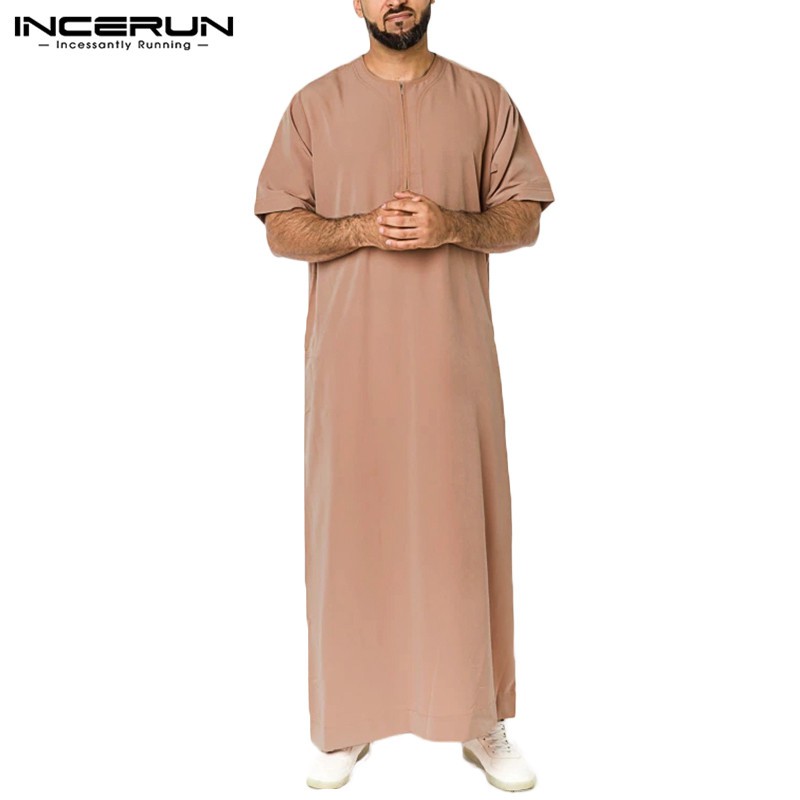 INCERUN Men's Summer Casual Short Sleeve Plain Zipper Up Muslim Robe |  Shopee Philippines