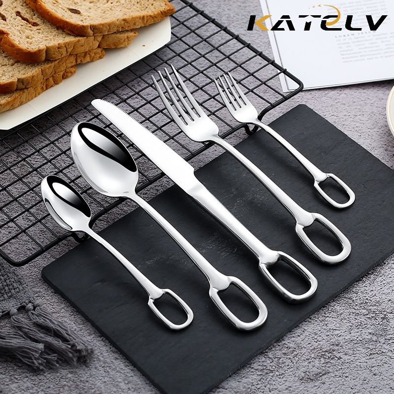 KATELV 304 Stainless Steel Annular Silver Cutlery Set Loop Spoon And ...