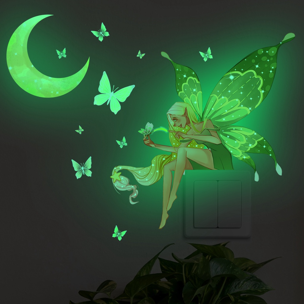 Luminous Moon Butterfly Fairy Wall Stickers Kids Room Fluorescent Wall ...