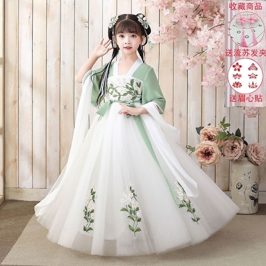 Hanfu Girls Spring Summer Clothes Children's Ancient Costume Tang  Short-Sleeved Thin Skirt Super Fairy Style Dress