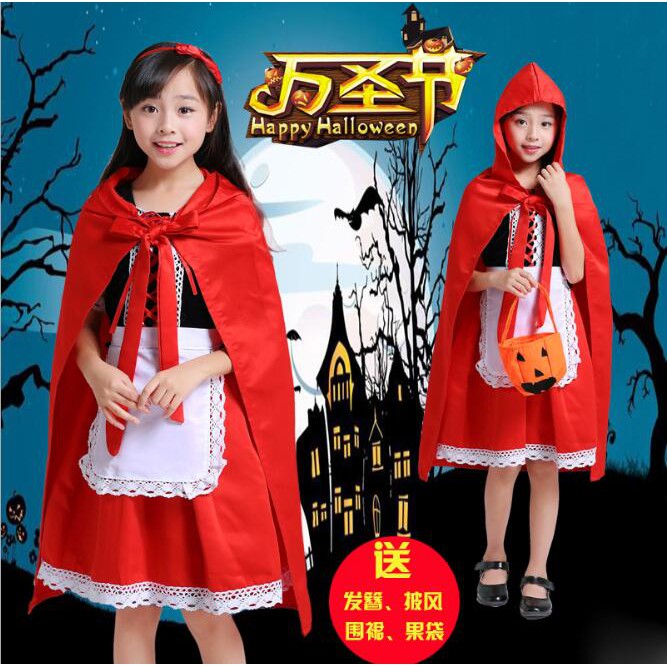 Same Day Girl Costume Halloween Pumpkin Bag+Apron+Dress+Hooded Cloak