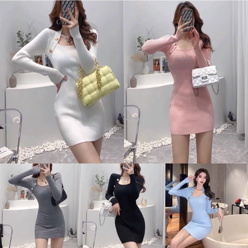 korean sexy knitted long sleeve dress/ plain Color dress /korean square ...