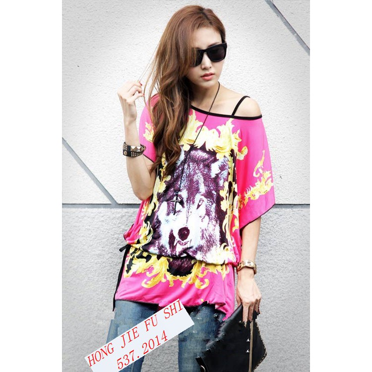 Korean Blouse Tshirt Short Sleeve bat sleeve wolf printed top | Shopee ...