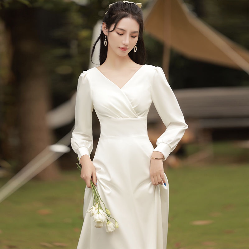 White Dress New V Neck Long Sleeve Host Student Bridesmaid Mid Length Banquet Evening Dress Bride Wedding Honeymoon Travel Photo Wedding Dress Shopee Philippines