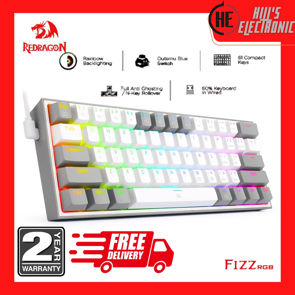 Redragon FIZZ-K617 RGB Mechanical Keyboard 60%-White Gray Rainbow ...