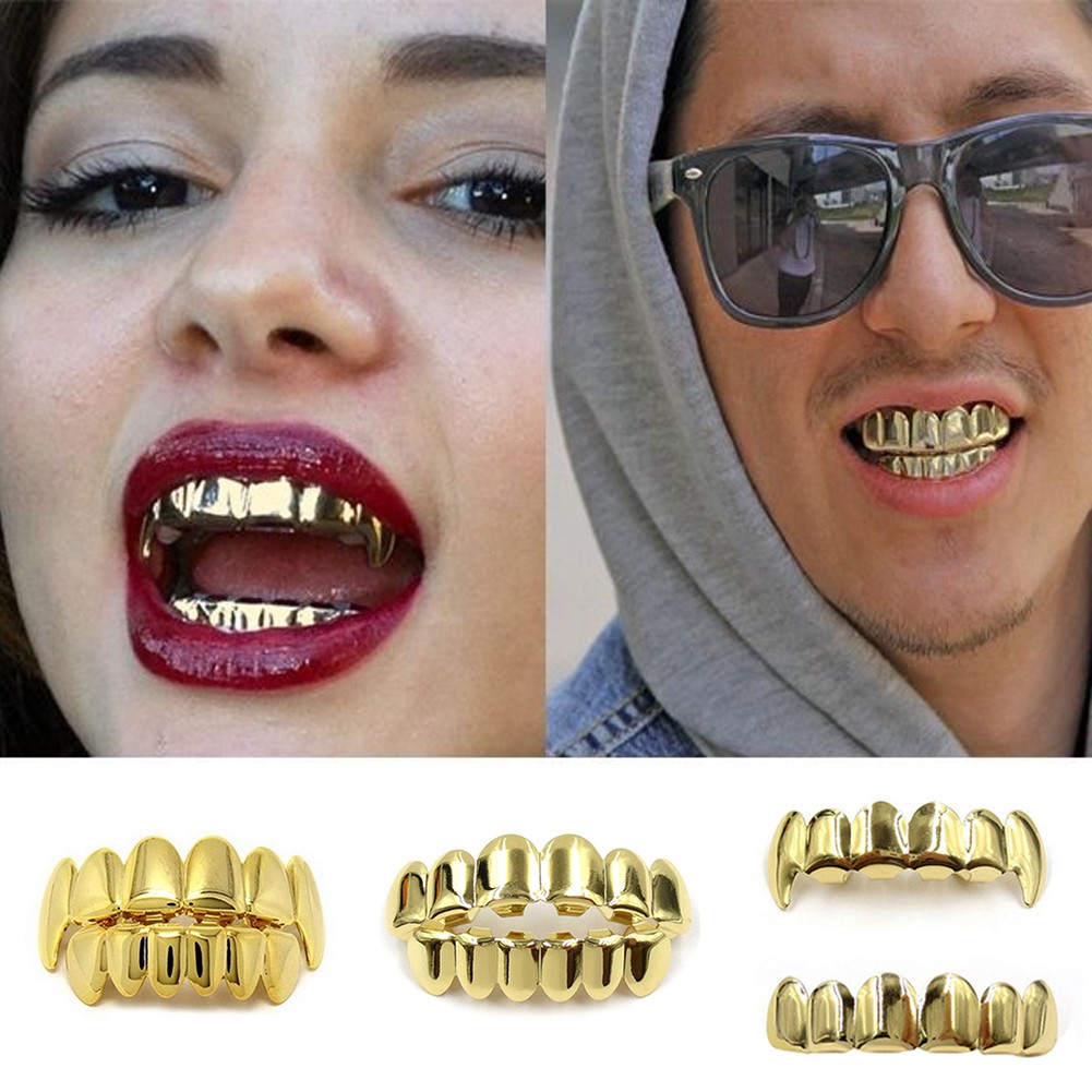 Cool Gold Plated Hip Hop Teeth Grillz Top & Bottom Teeth Mouth Grills
