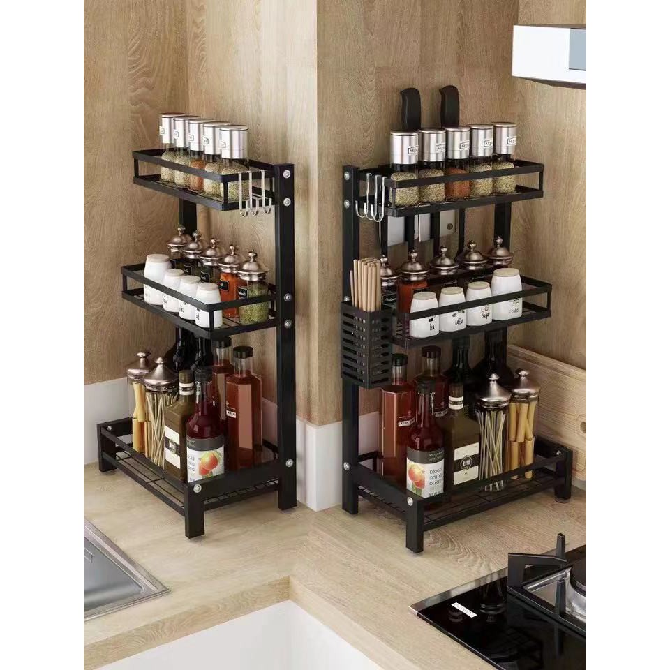 2layer/3layer Stainless steel kitchen rack black seasoning shelf floor ...