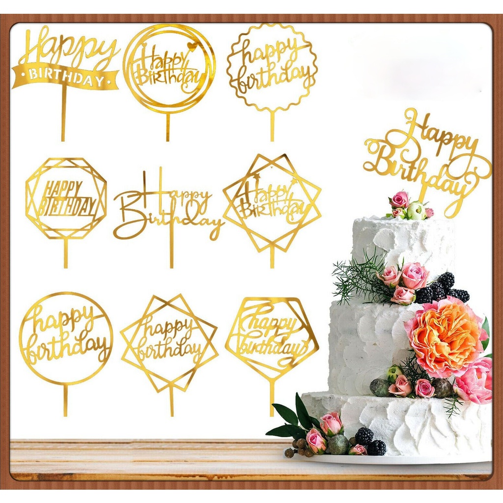 New Glitter Gold Cake Topper Birthday Party Happy Decoration Acrylic ...