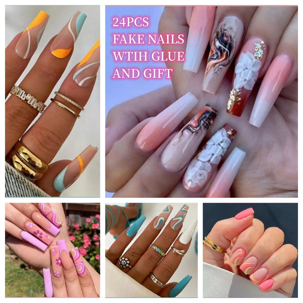 [NOY]2022 Trend 24pcs Premium Long Fake Nails Set With Glue Short Fake
