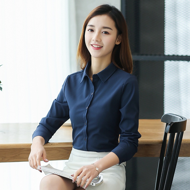 Women Long Sleeve Navy Blue Blouses Female Office Ladies OL Work