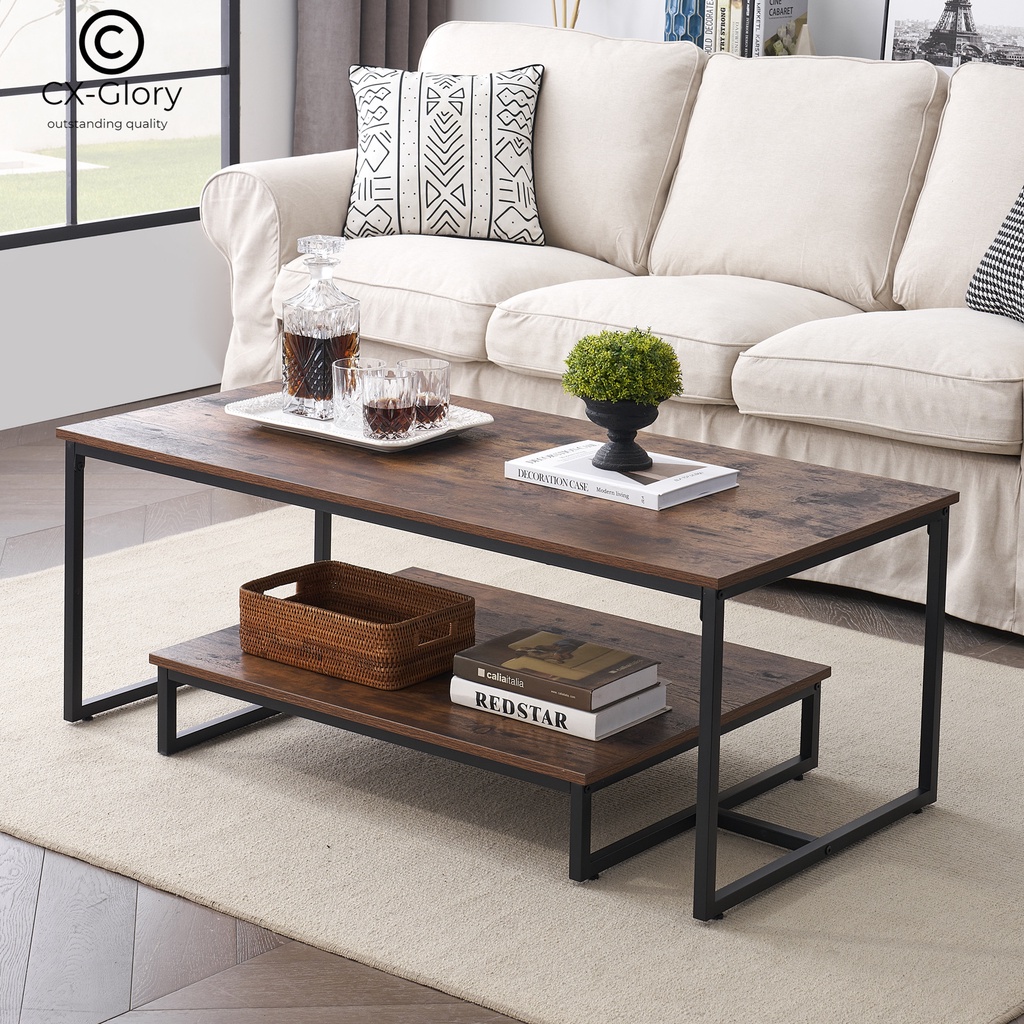Living Room Industrial Coffee Table with Storage Rack Wood Furniture ...