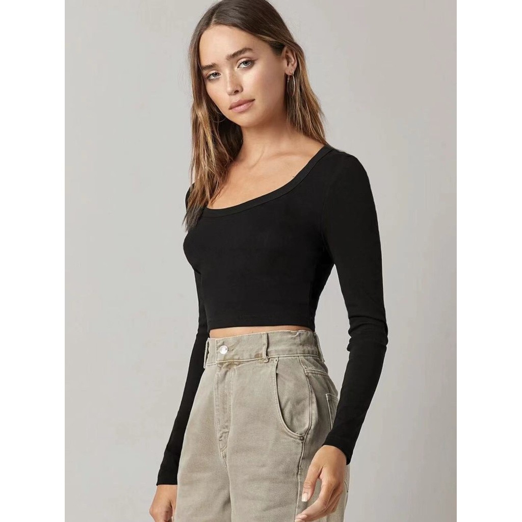 Sheinnfashion-Long Sleeve Basic Solid Fitted Crop Top