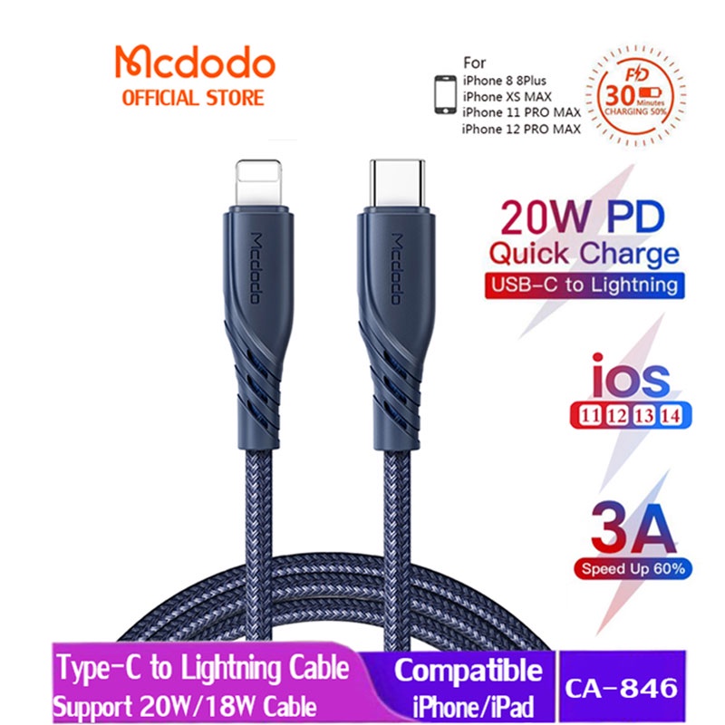 Mcdodo PD 20W C To L Fast Charging Cable Compatible with Phone13 12 11 X XS  XR iPad For IOS 14 System CA-846