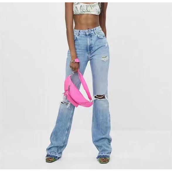 zara wide leg pants Women's Fashion Tattered Mom Jeans Highwaisted Wide Leg  Denim Pants 2736