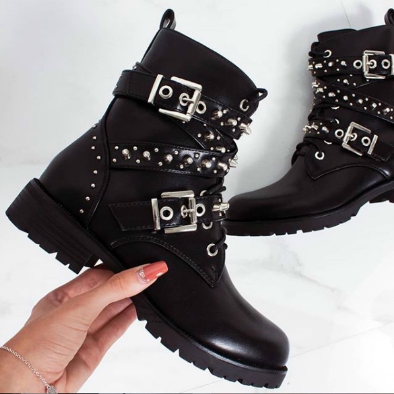 Punk Design Metal Stud Rivet Spikes Ankle Strap Motorcycles Boots