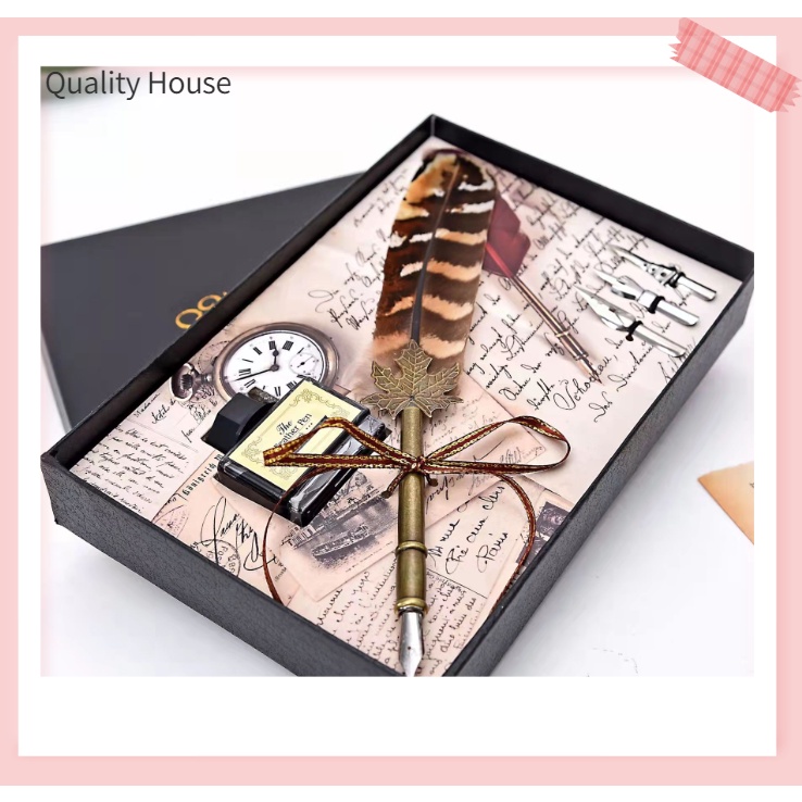 Vintage Calligraphy Feather Pen Dip Pen Writing Ink Nib Set Stationery ...