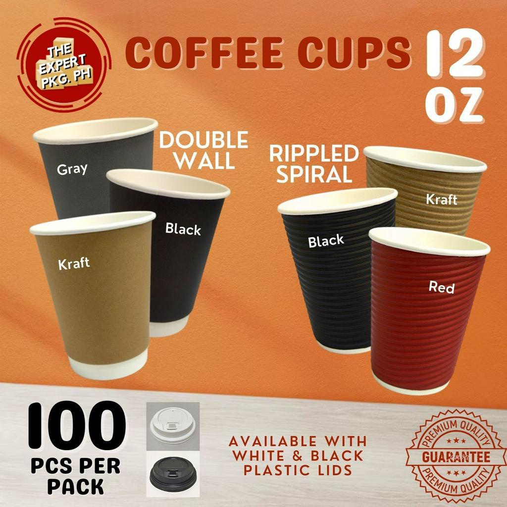 |100pcs| - Double Wall or Rippled Coffee Cup 12oz [Black | Gray | Kraft ...