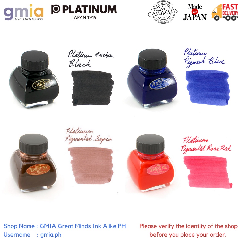 Platinum Pigment Fountain Pen Ink 60mL (Waterproof) Carbon Black, Blue
