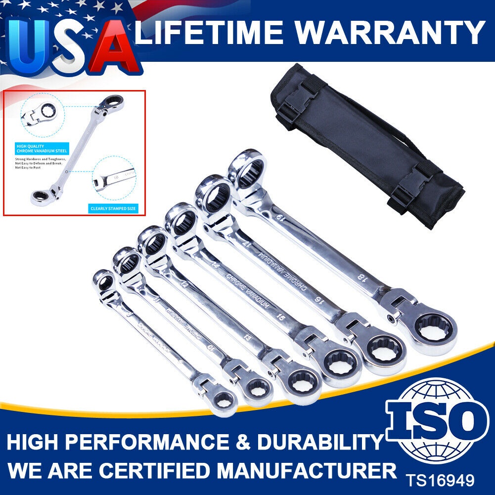 6PCS Double Box End Ratcheting Wrench FlexHead Extra Long Heavy Duty