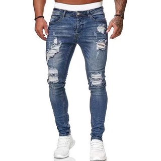Korean Style Casual Attire Slim Fit Tattered Ripped Denim Jeans For Men ...