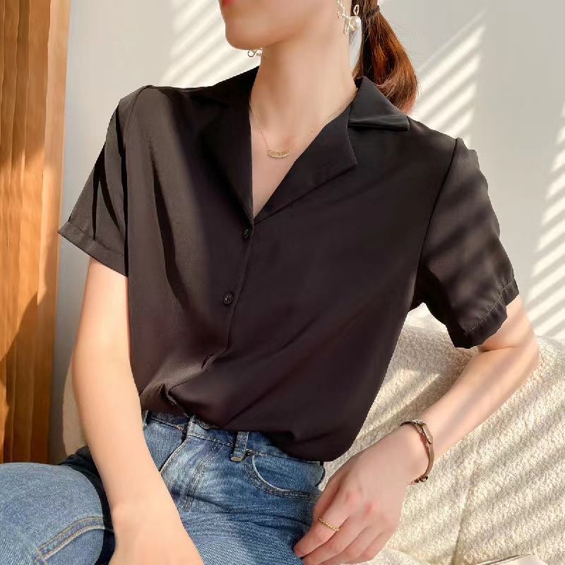 Vintage Turn Down Collar Blouse For Women Casual Chiffon Plain Buttoned ...