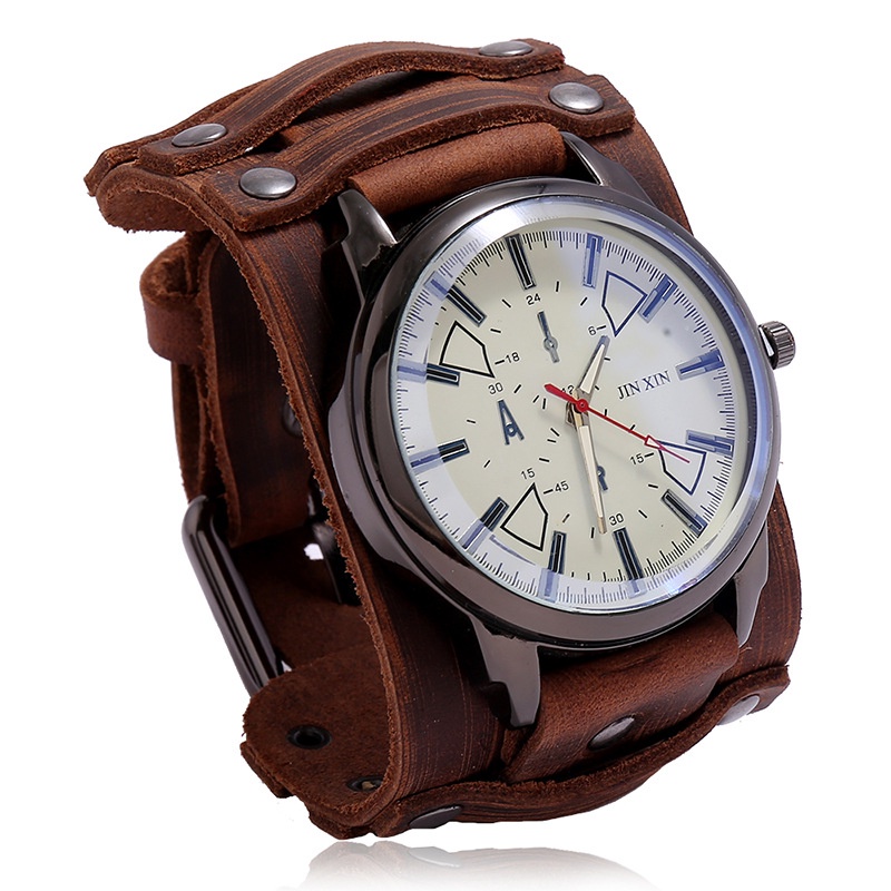 Mens Watches Male Clocks Punk Style Watch Leather Handmade Strap Quartz ...