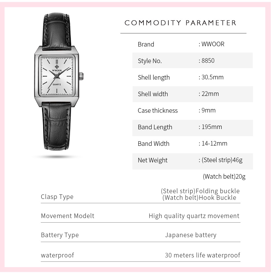 Wwoor Women Square Watch Simple Design Luxury Stainless Steel Quartz ...