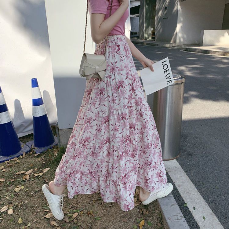 Chiffon floral skirt first love department sweet aging knee length skirt  4426