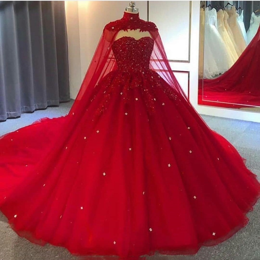 Red Ball Gown Wedding Dresses With Wrap Sweetheart Lace Crystal Bead Robe De Mariee Custom Made 9126