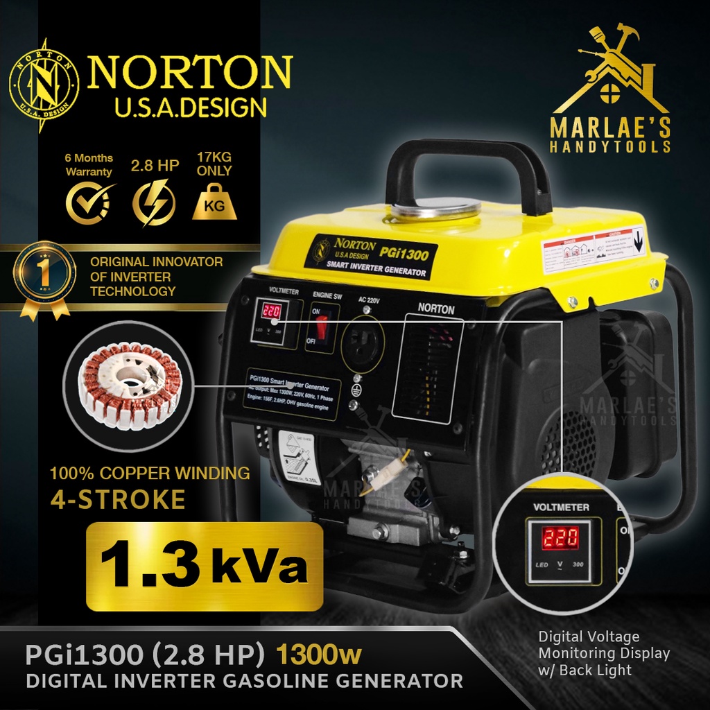 NORTON Digital Inverter Gasoline Generator PGi1300 1300W 1.3 KVA 4