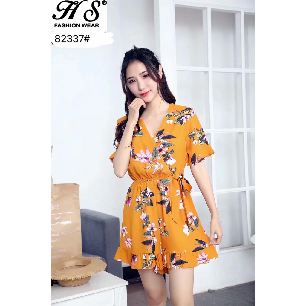 New Women Fashion Simple V Neck Floral Chiffon Jumpsuit Hs-82337