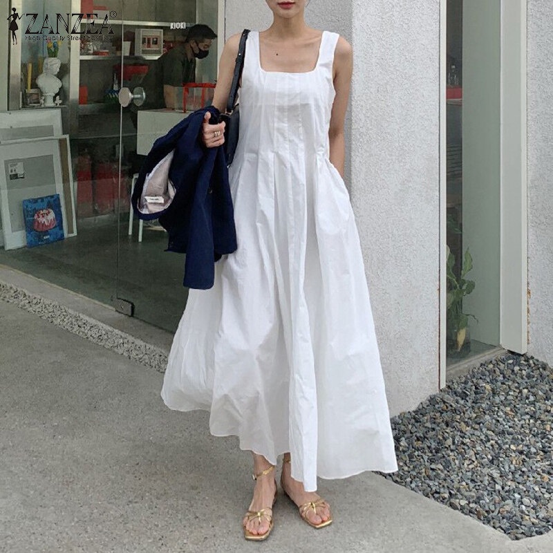 ZANZEA Korean Style Women Summer Beach Sleeveless Pleated Pocket