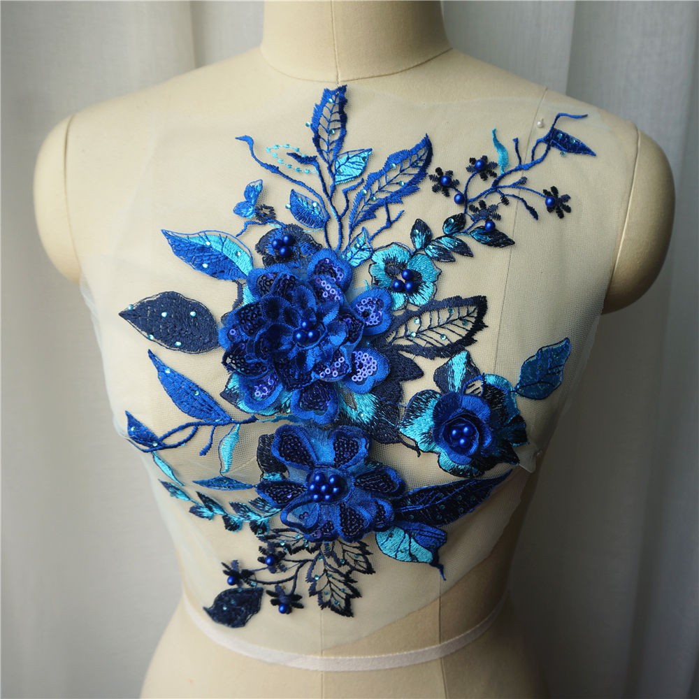 Royal blue Embroidery Lace Applique Sewing Beads Flower Collar Patch ...