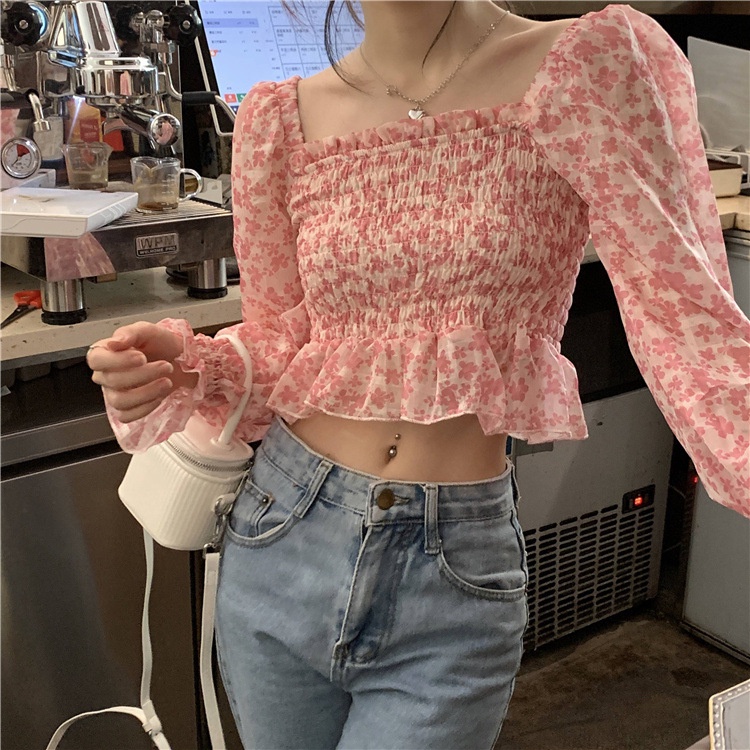 Ready Stock】Women Chiffon Puff Sleeve Crop Top Floral Short