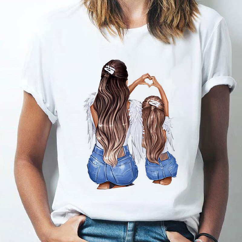 Camiseta con estampado de dibujos animados para madre e hija