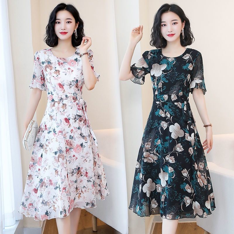Free shipping M-3XL Fashion Slim flower Short Sleeve formal Dress Round Neck 2025 A-Line Summer ...